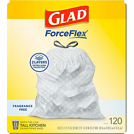 Glad ForceFlex Tall Kitchen Drawstring Trash Bags - 13 gal Capacity - 9 mil (229 Micron) Thickness - Drawstring Closure - White - Plastic - 3/Carton - 120 Per Box - Kitchen, Home, Breakroom, Day Care, Garbage