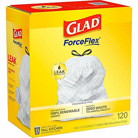 Glad ForceFlex Tall Kitchen Drawstring Trash Bags - 13 gal Capacity - 9 mil (229 Micron) Thickness - Drawstring Closure - White - Plastic - 3/Carton - 120 Per Box - Kitchen, Home, Breakroom, Day Care, Garbage