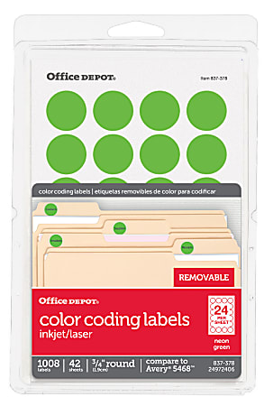 Office Depot® Brand Removable Round Color-Coding Labels, OD98787, 3/4", Green Neon, Pack Of 1,008