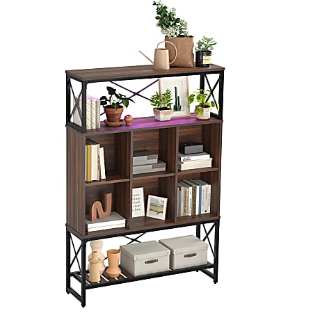 Bestier 65"H 5-Shelf/6-Cube Bookcase With LED Light, Walnut