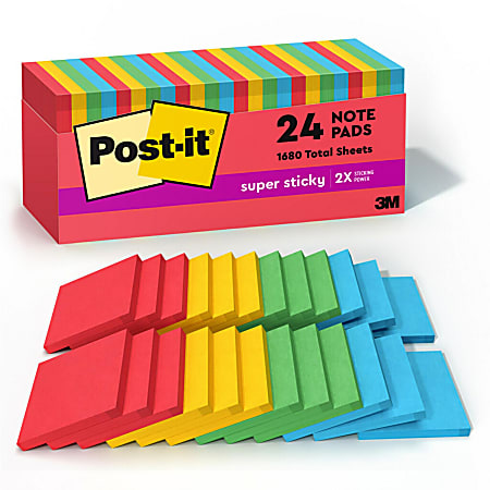 Post-it Super Sticky Notes, 3 in x 3 in, 24 Pads, 70 Sheets/Pad, 2x the Sticking Power, Playful Primaries Collection