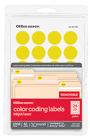 Office Depot® Brand Removable Round Color-Coding Labels, OD98788, 3/4" Diameter, Yellow, Pack Of 1,008