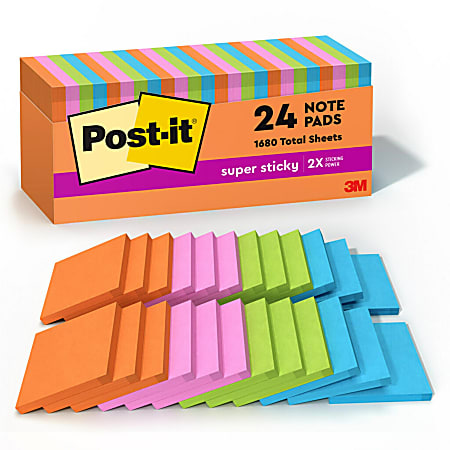 Post-it® Super Sticky Notes, 1680 Total Notes, Pack Of 24 Pads, 3" x 3", Energy Boost Collection, 70 Notes Per Pad