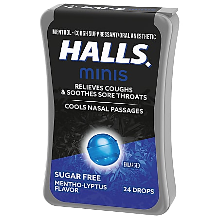 HALLS Mini Sugar Free Mentho-Lyptus Throat Drops, Menthol Flavor, Soothing Relief, 24 Drops, 1 Pack