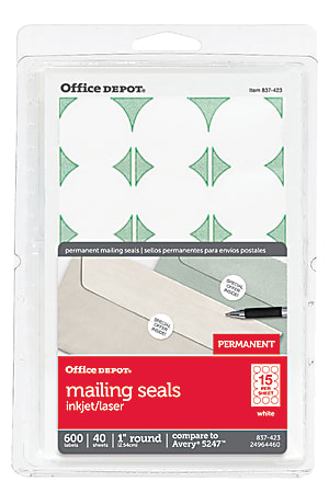 Office Depot® Brand Permanent Mailing Seals, 1" Diameter, White, Pack Of 600