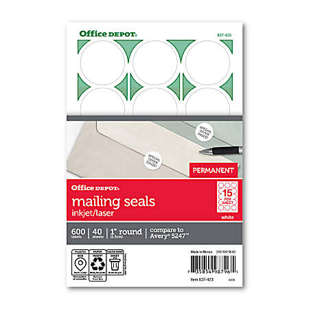 Office Depot® Brand Permanent Mailing Seals, 1" Diameter, White, Pack Of 600