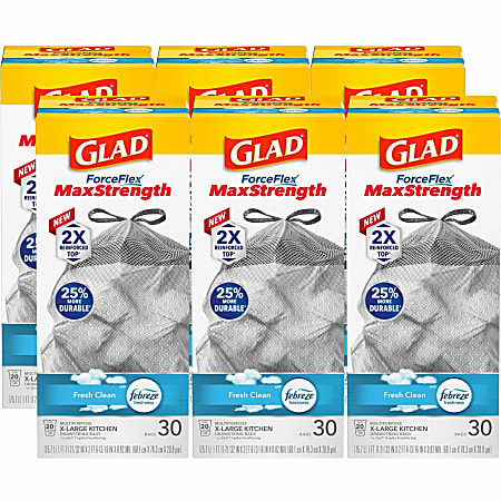 Glad ForceFlexPlus X-Large Kitchen Drawstring Bags, Fresh Clean with Febreze Freshness, Large Size, 180 Count - 78913CT