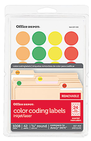 Office Depot® Brand Removable Round Color-Coding Labels, OD98789, 3/4", Assorted Fluorescent Colors, Pack Of 1,008