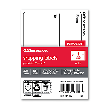 Office Depot® Brand To/From Shipping Label Pad, OD98806, Rectangle, 3 3/4" x 2 5/8", White, Pack Of 40