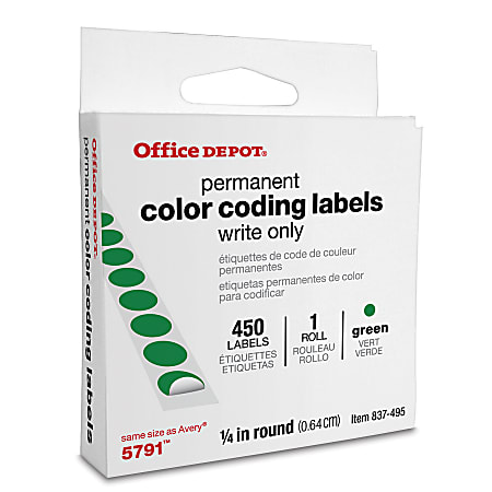Office Depot® Brand Permanent Round Color-Coding Labels, Z22220, 1/4" Diameter, Green, Pack Of 450