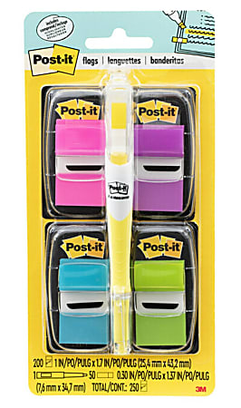 Post-it® Notes Flags, With Flag Highlighter, Assorted Bright Colors, 50 Flags Per Pad, Pack Of 4 Pads