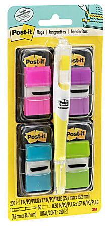 Post-it® Notes Flags, With Flag Highlighter, Assorted Bright Colors, 50 Flags Per Pad, Pack Of 4 Pads
