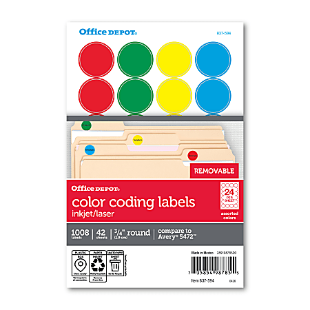 Office Depot® Brand Removable Round Color-Coding Labels, OD98785, 3/4", Assorted Colors, Pack Of 1,008