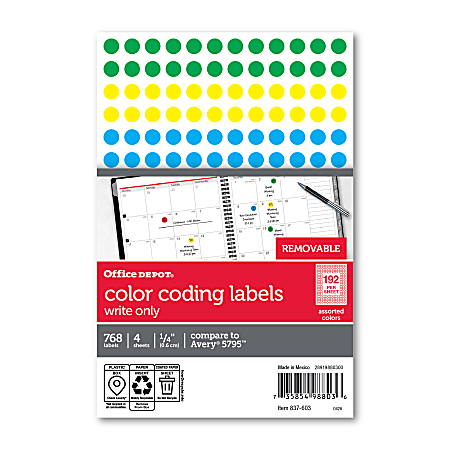 Office Depot&reg; Brand Removable Round Color-Coding Labels, 1/4", Multicolor Dots, Pack Of 768