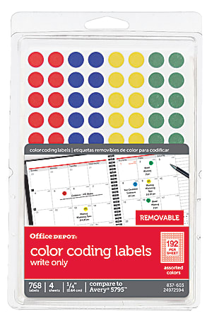 Office Depot® Brand Removable Round Color-Coding Labels, OD98803, 1/4" Diameter, Multicolor Dots, Pack Of 768