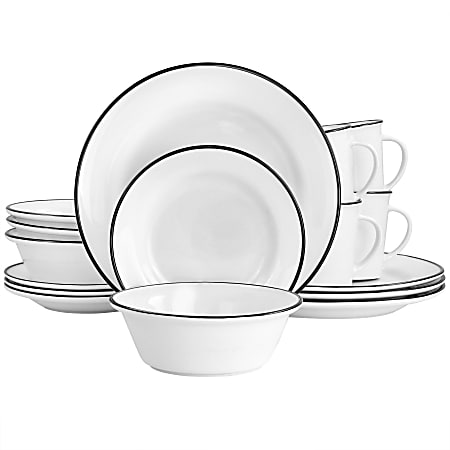 Martha Stewart 16-Piece Black Rimmed Fine Ceramic Dinnerware Set, Black