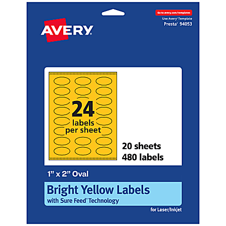 Avery® Print-To-The-Edge Labels With Sure Feed® Technology And Easy Peel® Label Feature, 94053-BYP20, Oval, 1" x 2", Matte Bright Yellow, Pack of 480