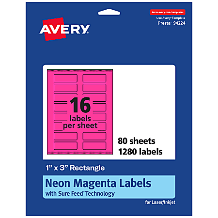Avery® Print-To-The-Edge Labels With Sure Feed® Technology And Easy Peel®, 94224-NMP80, Rectangle, 1" x 3", Matte Neon Magenta, Pack of 1280