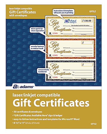 Adams Gift Certificates Kit Pack Of 30 Certificates - Office Depot