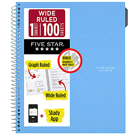 Five Star® Math Notebook with Tools Plus Study App, 1 Subject, Wide Ruled, 8" x 10 1/2", Sky Blue