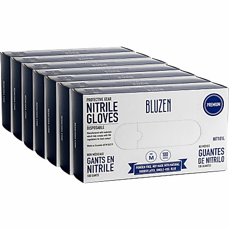 BLUZEN Disposable Nitrile Gloves - 3 mil Thickness - Medium Size - Nitrile - Blue - Durable, Comfortable - 100 Box - 10 / Carton