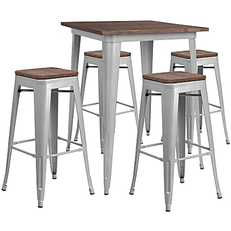 Flash Furniture Square Metal Bar Table Set With Wood Top And 4 Backless Stools, 42"H x 32"W x 32"D, Silver