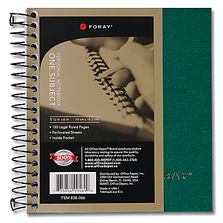 FORAY® Wirebound Notebook, 5 1/2" x 6", 1 Subject, Legal Ruled, 130 Sheets, Green