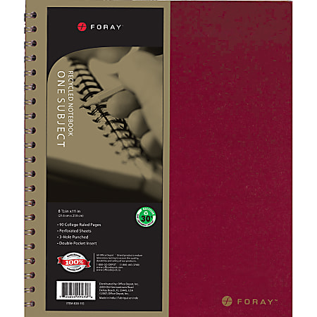 FORAY® 100% Recycled Wirebound Notebook, 8 1/2" x 11", 1 Subject, College Ruled, 90 Sheets