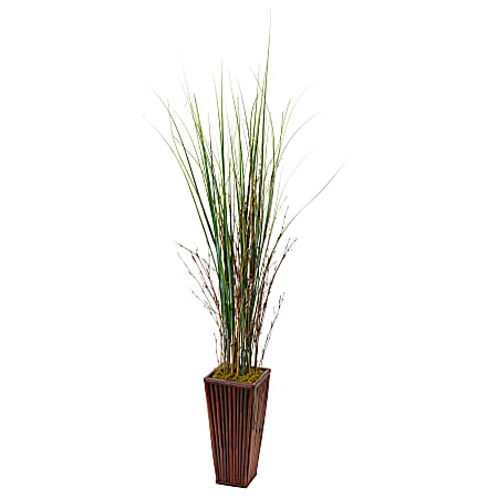 Nearly Natural 54"H Bamboo Artificial Grass With Bamboo Planter, 54"H x 12"W x 12"D, Brown/Green