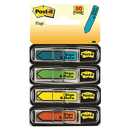 Post-it® Flags, .47 x 1.7 in, 4 Dispensers, 20 Flags/Dispenser, Assorted Bright Colors, "Sign & Date", Back to School Supplies for Students