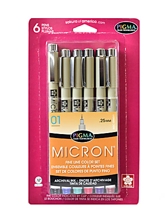 Sakura Pigma Pen Set, Micron, 0.25 mm, Assorted Colors, Set Of 6