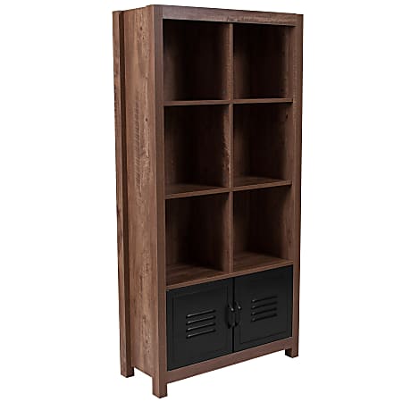 Flash Furniture 60"H 6-Cube Bookcase With Metal Cabinet Doors, Crosscut Oak