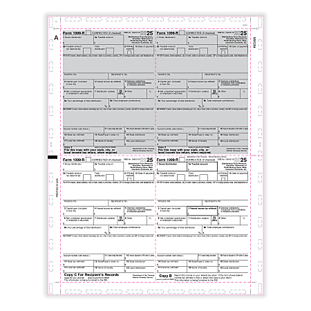 ComplyRight® 1099-R Pressure-Seal Tax Forms, 4-Up, Copy B, C, 2, 2, V-Fold Duplex, 11", Pack Of 500 Forms