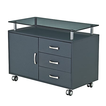 Techni Mobili 32"W Rolling Storage Cabinet With Frosted Glass Top, Graphite Black