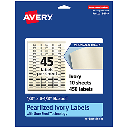 Avery® Pearlized Permanent Labels With Sure Feed®, 94749-PIP10, Barbell, 1/2" x 2-1/2", Ivory, Pack Of 450 Labels