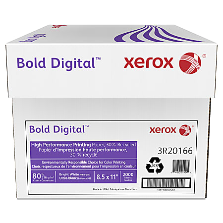 Xerox® Bold Digital™ Printing Paper, Letter Size (8 1/2" x 11"), 2000 Sheets Total, 98 (U.S.) Brightness, 80 Lb Cover (216 gsm), 30% Recycled, FSC®Certified, 250 Sheets Per Ream, Case Of 8 Reams