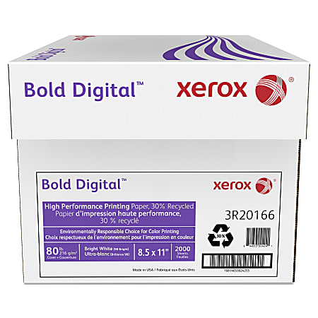 Xerox® Bold Digital™ Printing Paper, Letter (8 1/2" x 11"), 2000 Sheets Total, 98 Brightness, 80 Lb, 30% Recycled, 250 Sheets Per Ream, 8 Reams