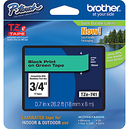 Brother® TZe-741 Black-On-Green Tape, 0.75" x 26.2&#x27;