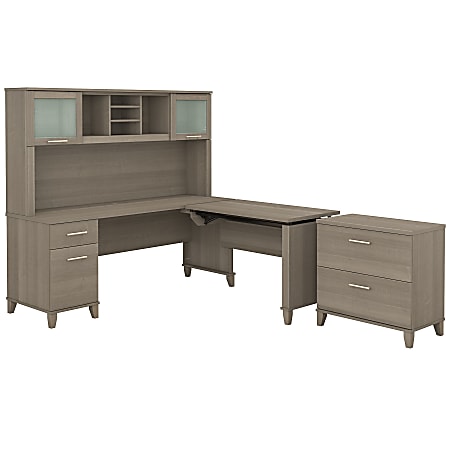 Bush Furniture Somerset 72"W 3 Position Sit to Stand L Shaped Desk With Hutch And File Cabinet, Ash Gray, Standard Delivery
