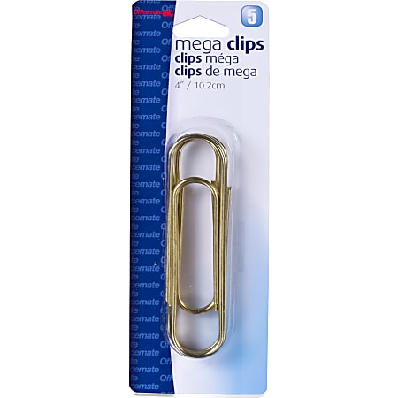 Officemate Mega 4" Gold, Clips and Fastners / Paper Clips - 4" Length - 50 Sheet Capacity - Gold - 5 / Pack