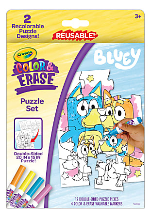 Crayola Color & Erase Bluey Puzzle Set, 12 Color In Puzzle Pieces, Reusable, Double Sided Kids Puzzle, Bluey Gift for Kids, 3+