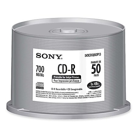 Sony CD Recordable Media - CD-R - 48x - 700 MB - 50 Pack Spindle - 120mm - Printable - 1.33 Hour Maximum Recording Time