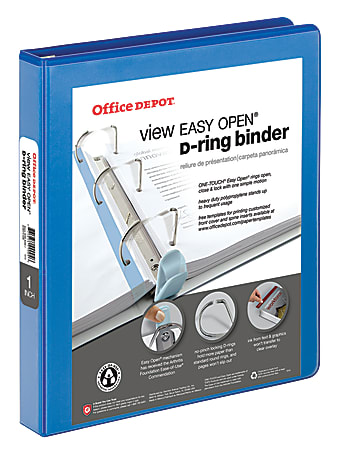 Office Depot® Brand EasyOpen™ ClearVue™ Locking Slant-D® Ring 3-Ring Binder, 1" D-Rings, Letter Size, Blue