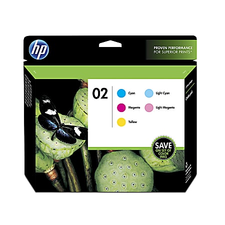 HP 02 Cyan, Light Cyan, Magenta, Light Magenta, Yellow Ink Cartridges, Pack Of 5, CC604FN