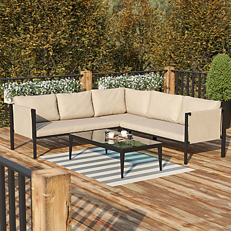 Flash Furniture Lea Steel Indoor/Outdoor Furniture Sectional With Cushions, 26-1/2"H x 85-1/4"W x 85-1/4"D, Beige/Black
