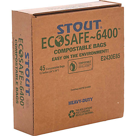 24 x 30 45/Carton, 0.85mil Stout EcoSafe-6400 Compostable Bags Green 13 gal 