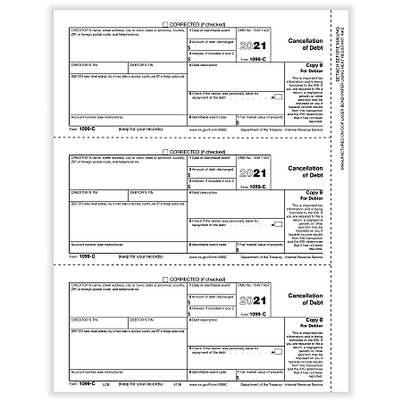 ComplyRight™ 1099-C Tax Forms, 3-Up, Debtor Copy B, Laser, 8-1/2" x 11", Pack Of 150 Forms