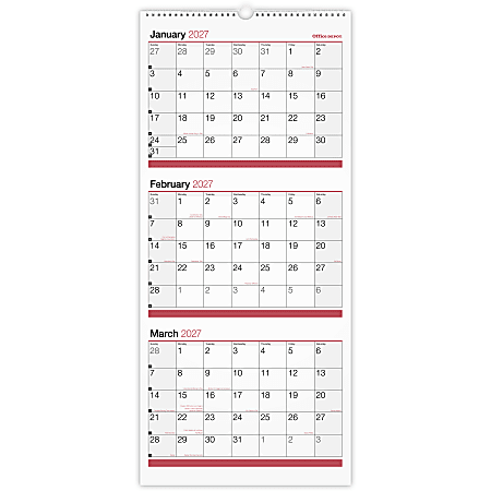 Office Depot Brand 3-Month Monthly Wall Calendar, 12" x 27", White, January 2027 to December 2027, OD30302827