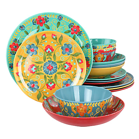 Laurie Gates California Designs Elena Amour 16-Piece Floral Round Melamine Dinnerware Set, Multicolor