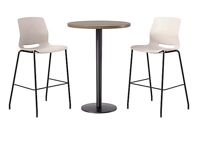 KFI Studios Proof Bistro Round Pedestal Table With Imme Barstools, 2 Barstools, 30", Studio Teak/Black/Moonbeam Stools